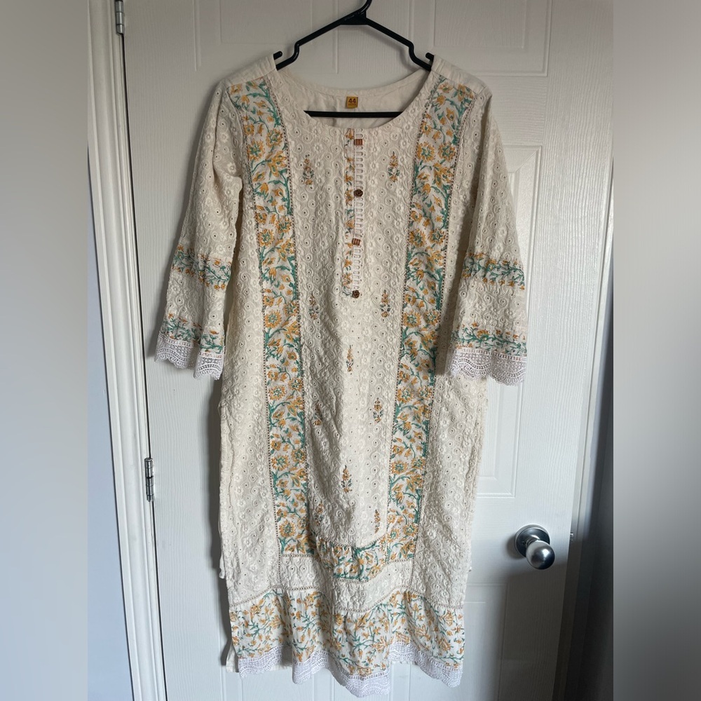 Artisan Block Print Kurti Tunic with Dupatta Boho Chikankari Eyelet Cotton Dress - Picture 3 of 16